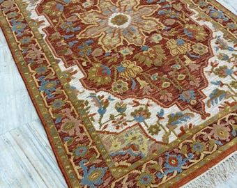 Hand-Knotted Floral Wool Rug Vintage Persian Style Medallion Carpet Rust & Gold