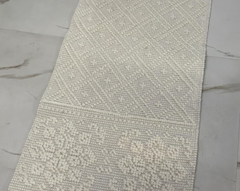 Handwoven Cotton Runner Rug, Cream Ivory Textured Boho Mat