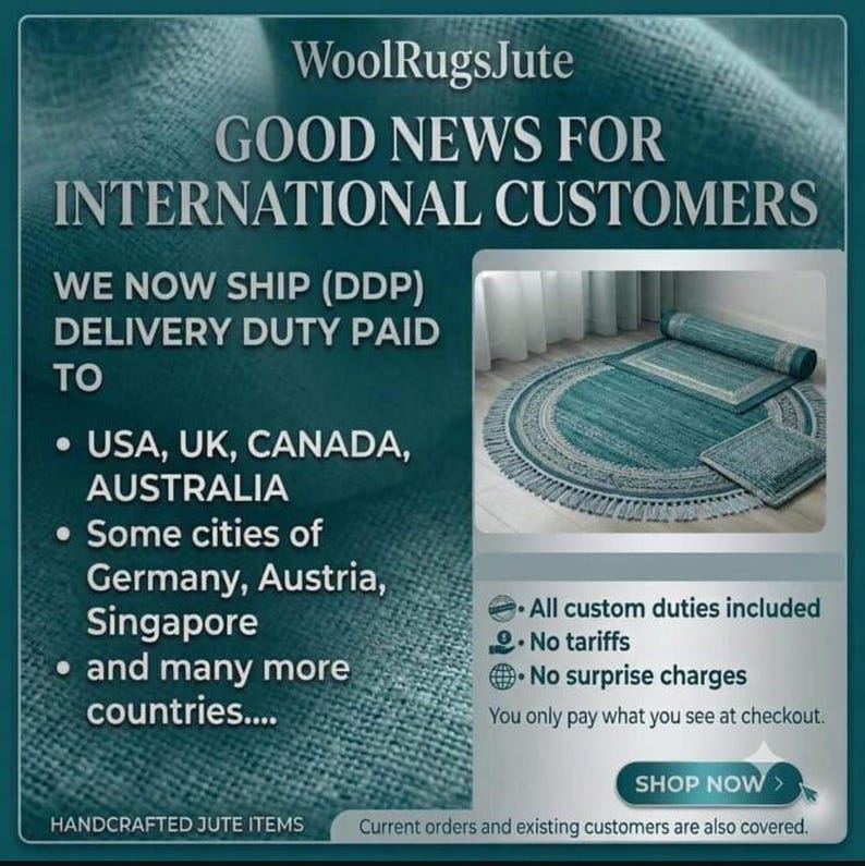 A promotional graphic with text "GOOD NEWS FOR INTERNATIONAL CUSTOMERS" and details about shipping, next to an image of a round teal rug.