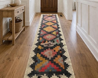 Handgeweven wollen kelimloper geometrisch stammen vloerkleed boho platgeweven loper meerkleurig ruitpatroon