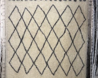 Handmade Wool Rug, Moroccan Beni Ourain Style, Cream and Black Diamond Pattern