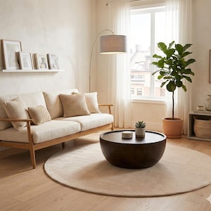May include: A living room scene featuring a light-colored sofa with wooden arms and a round coffee table. A large potted plant sits near a window, and a neutral-toned rug covers the floor. Decorative pillows and framed art add to the room's decor.