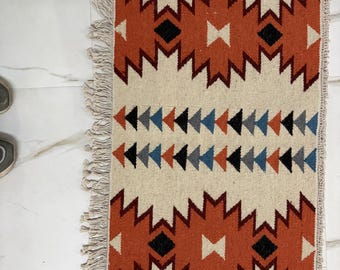 Handmade Kilim Rug, Southwestern Tribal Area Rug, Geometric Boho Wool Dhurrie