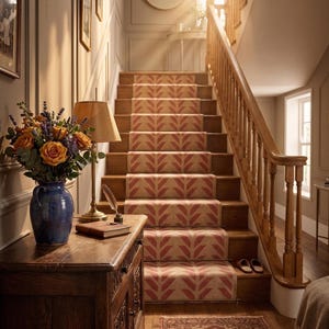 A red and cream herringbone pattern runner rug on wooden stairs with a light wood banister, with a lamp and flowers on a chest.