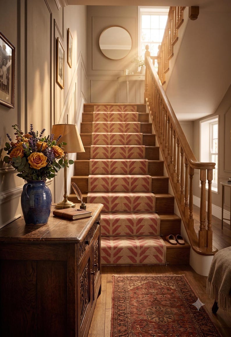 A red and cream herringbone pattern runner rug on wooden stairs with a light wood banister, with a lamp and flowers on a chest.