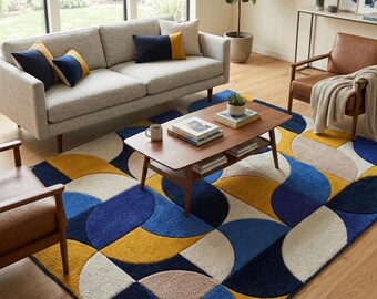 Modern geometrisk shagmatta | Vågig abstrakt marinblå, gul och krämfärgad design | Mjuk, plyschig matta med hög lugg | Vardagsrums- och sovrumsinredning