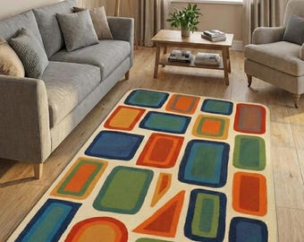 Handtuftad ullmatta i geometrisk stil från mitten av århundradet, retro Bauhaus-matta