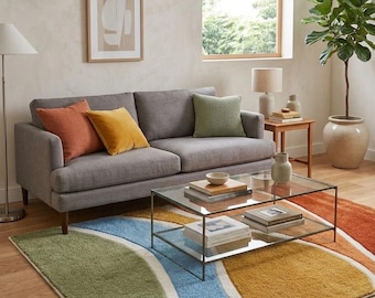 Vågig abstrakt matta i mid-century modern stil, 70-tals retro geometrisk boho sovrumsinredning