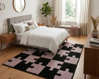 Svartvit pusselmatta | Sammanfogande geometrisk tuftad matta, lekrumsinredning