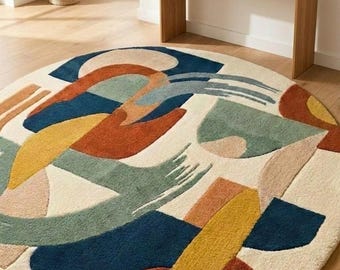 Handtuftad abstrakt geometrisk rund matta – Mid-Century Modern Boho Decor
