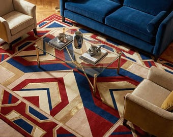 Handtuftad art déco-ullmatta – Geometrisk röd och blå matta