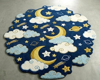 Hand-Tufted Wool Galaxy Rug – Navy Blue Moon & Stars Nursery Decor
