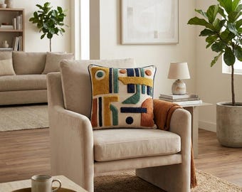 Handtuftat geometriskt kuddfodral – Abstrakt kudde i modern stil från mitten av århundradet