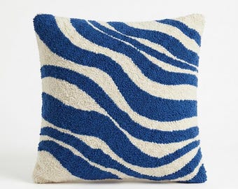 Handtuftat blått vågigt abstrakt kuddfodral, boho dekorativt prydnadskudde, 16x16