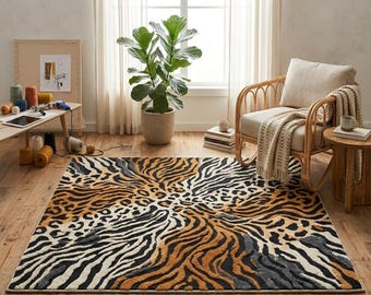 Handtuftad matta med djurtryck | Prickig matta med tiger- och leopardmönster | Maximalist Safari Decor