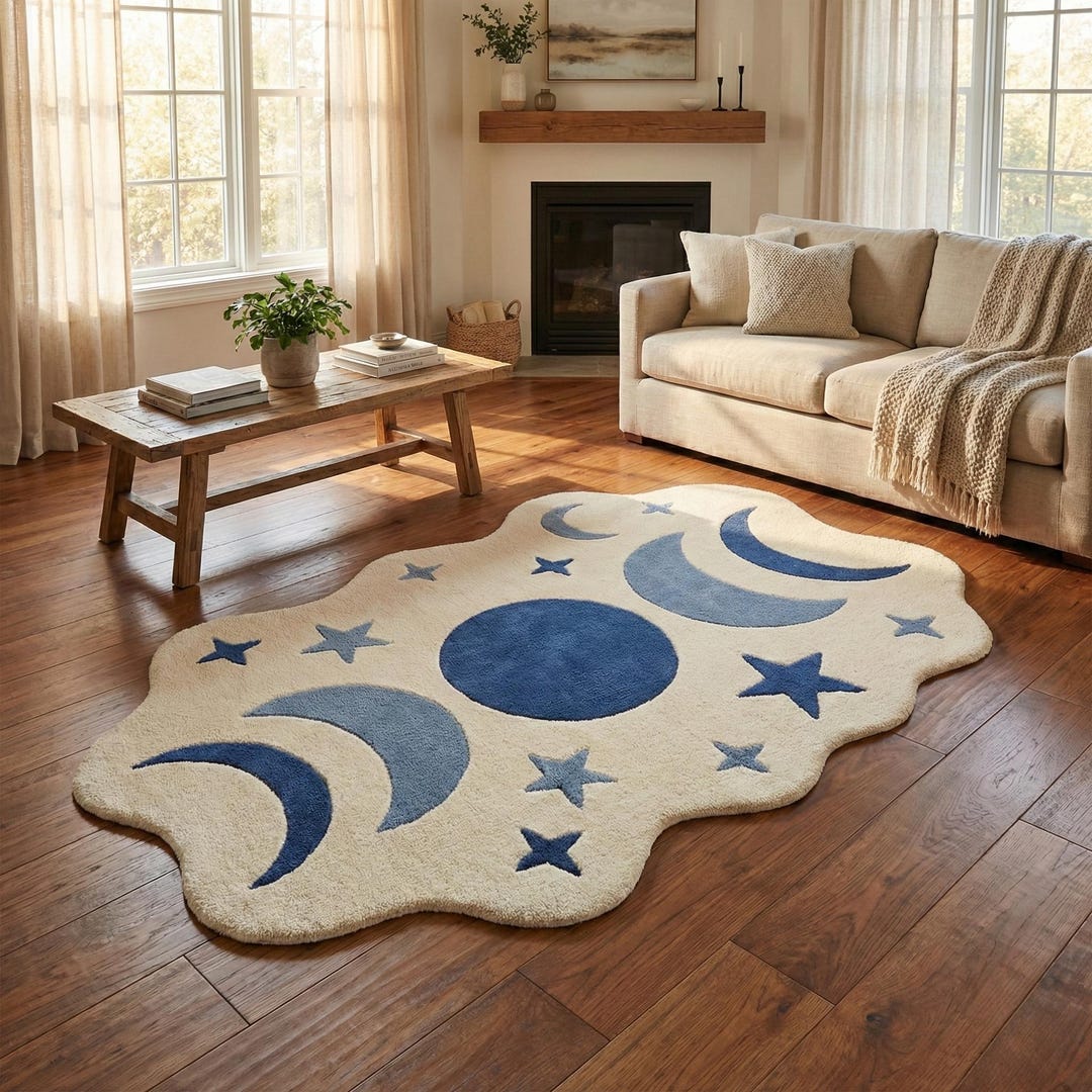 Large Textured Moon Rug Hand Tufted Wool Rug – Celestial Moon and Stars, Wavy Nursery Decor - Etsy