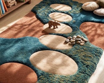 Handtuftad modern abstrakt matta | 3D Stepping Stone naturmatta | Mossa, blågrön och terrakotta jordnära matta för barnrum eller vardagsrum