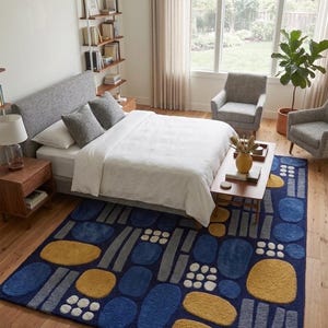 Mid-Century Modern Abstract Rug | Blue Yellow Pebble Tufted Carpet