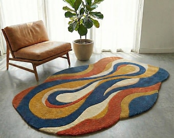 Handmade Tufted Wool Rug, Retro Wavy Abstract Floor Mat