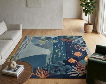Alfombra geométrica moderna con temática oceánica, alfombra abstracta de peces y corales, decoración costera para sala de estar.