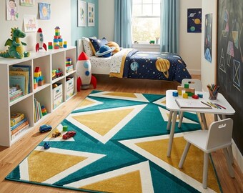 Blågrön senapsgrå geometrisk matta | Triangelmatta i modern stil från mitten av århundradet