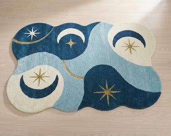 Handtuftad ullmatta – Oregelbunden måne- och stjärndesign, barnrumsinredning