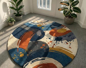 Handtuftad rund ullmatta, abstrakt modern design från mitten av århundradet
