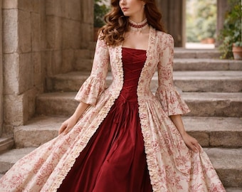 Vestido gótico medieval rojo vino para mujer, vestido renacentista largo hasta el suelo, vestido victoriano vintage, túnica medieval gótica para cosplay.