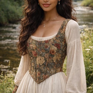 Puede incluir: Un corsé con estampado floral con escote cuadrado y un vestido color crema. El corsé presenta una mezcla de flores rojas, amarillas y verdes sobre un fondo oscuro. El vestido tiene mangas largas y abullonadas.