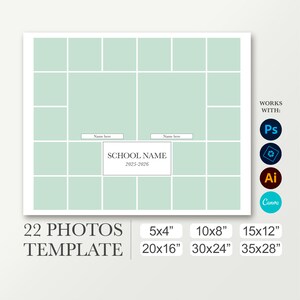 Class layout. School Composite for 22 photos. Photoshop, Canva. Yearbook board. Photo collage template. 8x10, 16x20, 24x30. Funeral poster