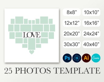 Plantilla cuadrada en forma de corazón para 25 fotos. Póster para funeral. Cartel de bienvenida. Collage de boda. Photoshop y Canva