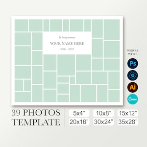 Plantilla collage de Photoshop para 39 fotos. Cartel funerario. Póster de graduación. Diseño de fotos de clase en 8x10, 16x20, 24x30. CANVA