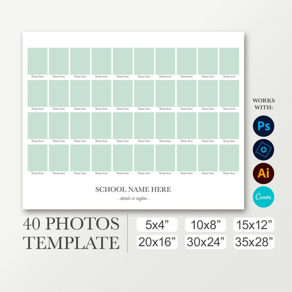 8x10 School photo template for 40 pictures. 16x20 photo collage template. 24x30 Class composite. 12x15 Yearbook layout. Photoshop and Canva