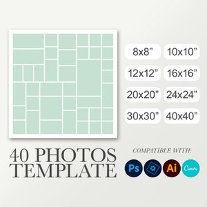 Foto collage plantilla. Plantilla cumpleaños o aniversario. Collage boda. Póster graduación. Cartel funeral para 40 fotos. Photoshop Canvaa