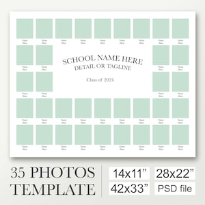11x14 Class template for 35 pictures. 22x28 Photo collage template. 33x42 Yearbook composite. Photoshop layout. School digital board