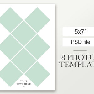 5x7 Plantilla de tarjeta para 8 fotos. Postal navideña. Esta plantilla digital funciona con Photoshop y Photoshop Elements