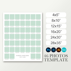 8x10 School photo collage for 46 pictures. Photoshop and Canva. University students. Yearbook template. Class board. Kindergarten layout