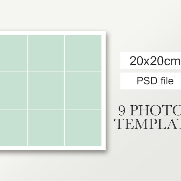 20x20cm Square storyboard template for 9 photos. Birthday collage. Pictures collage template. Works with Photoshop and Photoshop Elements