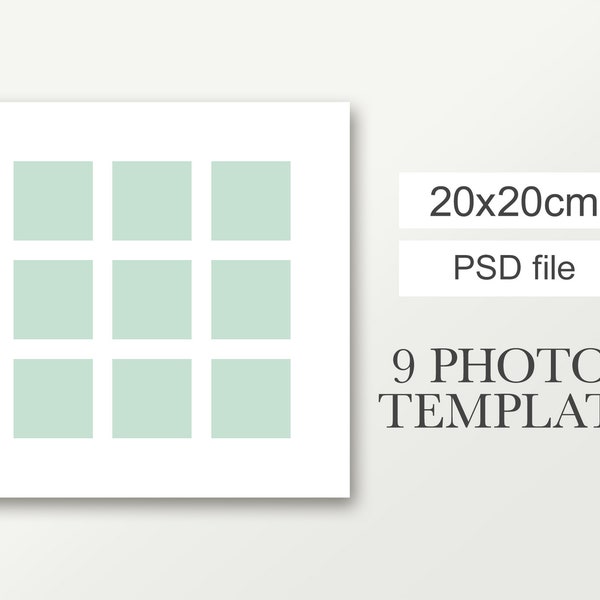 20x20cm Square template for 9 photos. Pregnancy digital collage. Works with Photoshop and Photoshop Elements