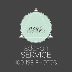 May include: A graphic design add-on service for 100-199 photos, featuring a green circle with the text "neus designs" inside a white triangle.