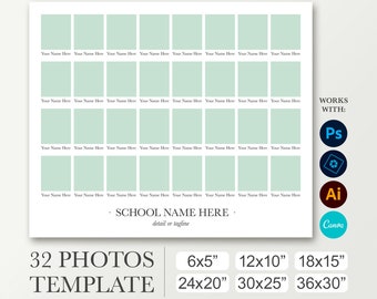 Plantilla de orla escolar para 32 fotos. Anuario universitario 10x12, 20x24, 30x38. Plantilla digital para Photoshop y Canva. Cartel grande
