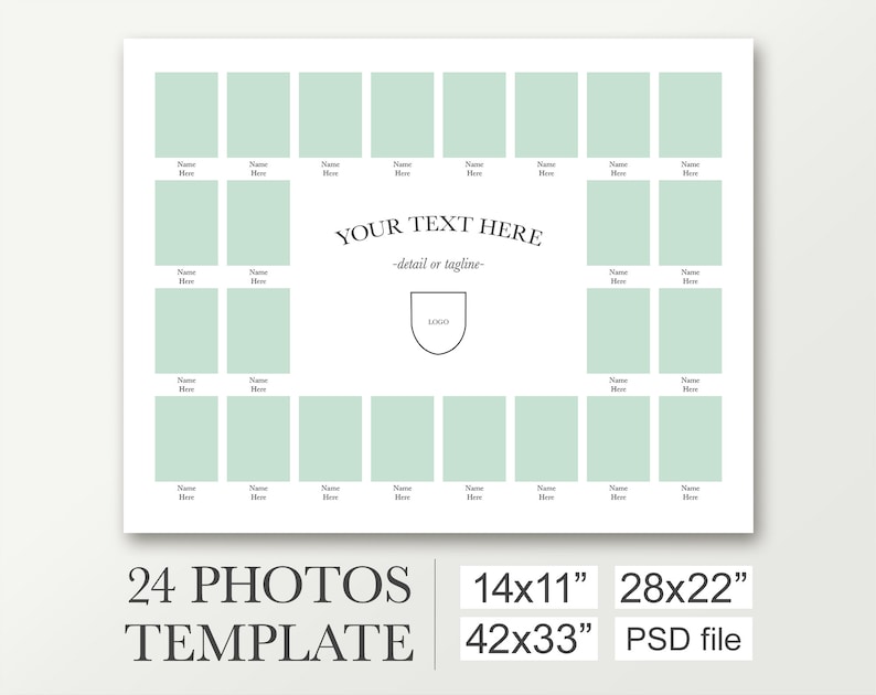 May include: A printable template for a photo collage with 24 photo spaces. The template is designed for a 14x11 inch print, but can be scaled to 28x22 inches or 42x33 inches. The template is in PSD format.