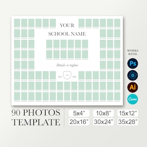 Class photo board. Yearbook template 90 pictures. School layout. Photoshop Canva. Classmate composite. Graduation poster 8x10, 16x20, 24x30.