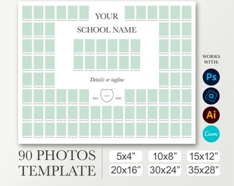 Class photo board. Yearbook template 90 pictures. School layout. Photoshop Canva. Classmate composite. Graduation poster 8x10, 16x20, 24x30.