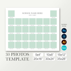Yearbook template for 30 photos. Class picture in 10x8, 20x16 & 30x24. This digital collage works with Photoshop and Canva. School composite