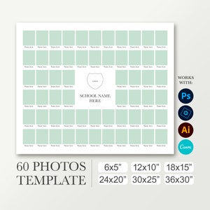20x24 School picture board. Photo collage template for 60 photos. Photoshop and Canva. Class layout. Yearbook composite. Classmates poster