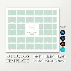 20x24 School picture board. Photo collage template for 60 photos. Photoshop and Canva. Class layout. Yearbook composite. Classmates poster