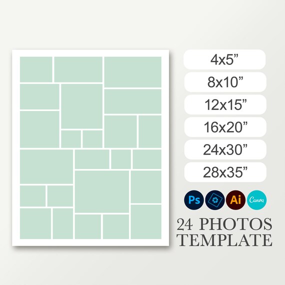 Photo collage for 24 pictures. Digital funeral photo board. Poster template 8x10, 16x20, 24x30. Celebration of life. Picture collage poster.