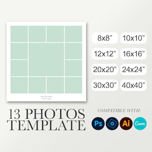 Puede incluir: Una plantilla blanca de 13 fotos con un diseño de cuadrícula, con un color verde claro en los espacios de las fotos. El texto incluye "Your Text Here" y opciones de tamaño de 20x20 cm a 101x101 cm. Compatible con Photoshop, Illustrator y Canva.