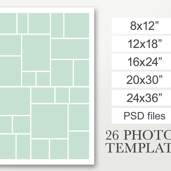 Wall poster collage template. Photo collage template in 8x12, 12x18, 16x24, 20x30 & 24x36 photography template. Canvas collage for 26 photos